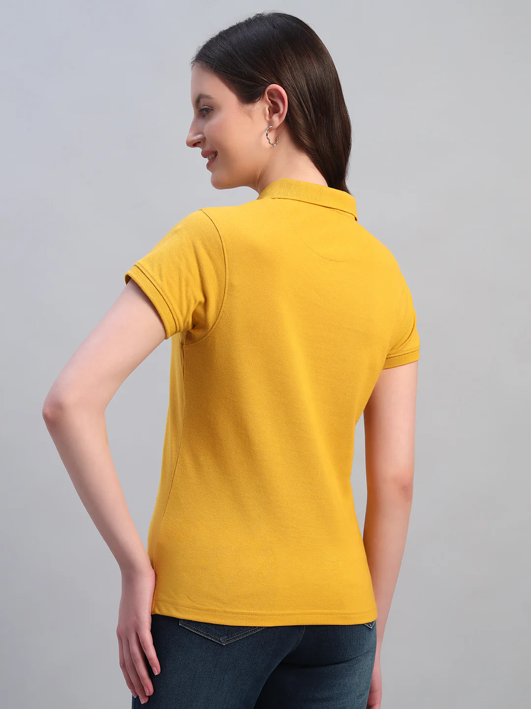 Women Mustard Solid Half Sleeves Polo Neck Casual T-Shirt - Image 2