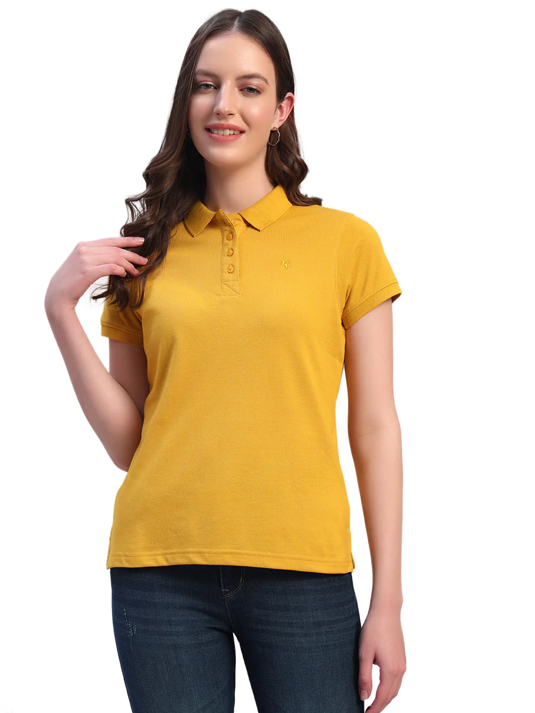 Women Mustard Solid Half Sleeves Polo Neck Casual T-Shirt - Image 3