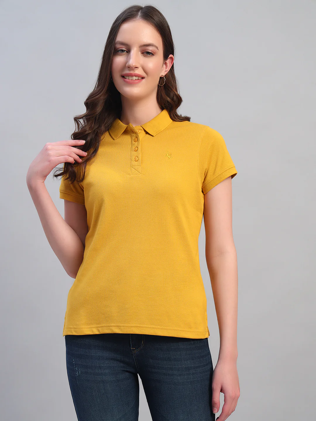 Women Mustard Solid Half Sleeves Polo Neck Casual T-Shirt - Image 4