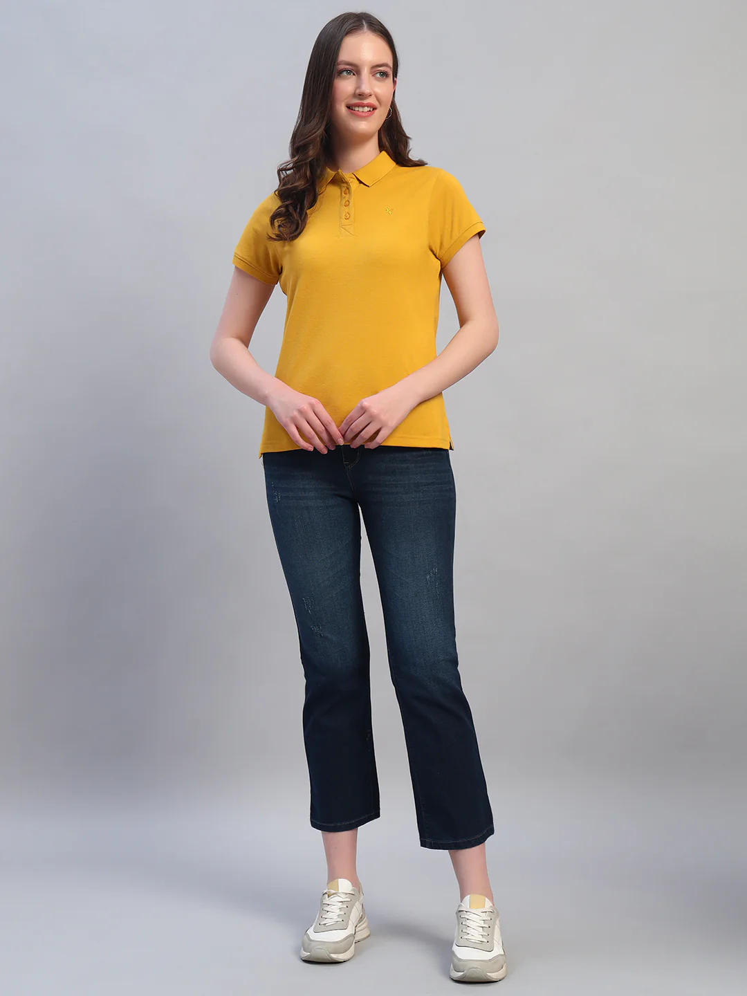 Women Mustard Solid Half Sleeves Polo Neck Casual T-Shirt - Image 5