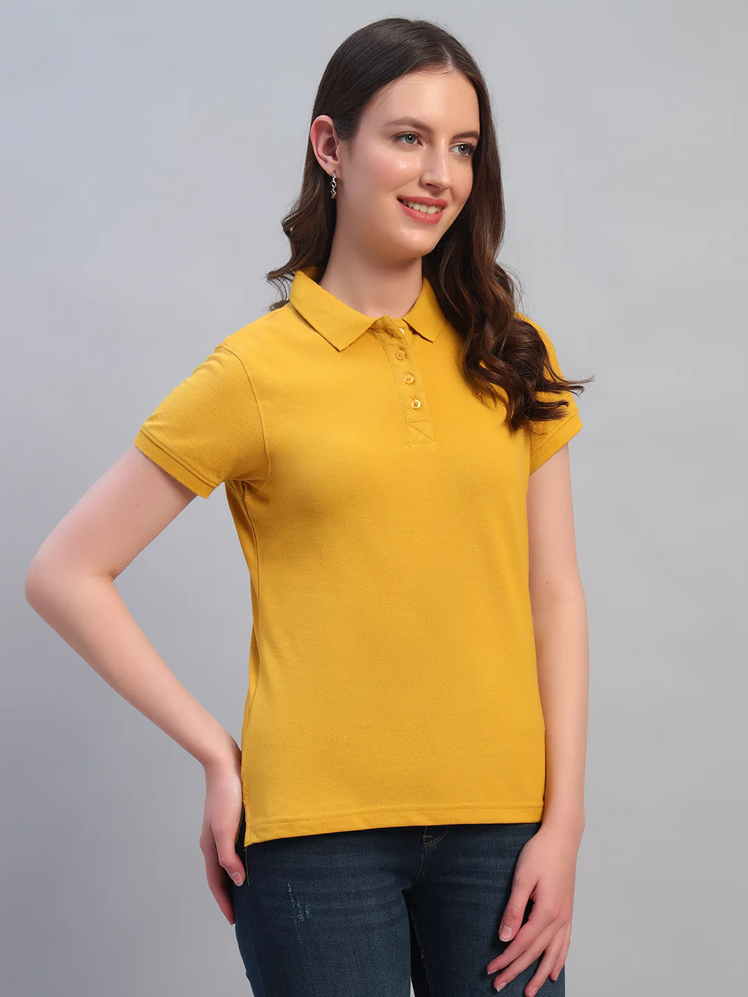 Women Mustard Solid Half Sleeves Polo Neck Casual T-Shirt - Image 6