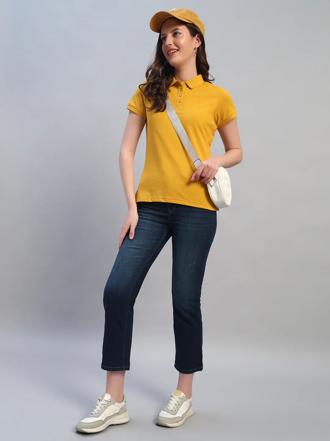 Women Mustard Solid Half Sleeves Polo Neck Casual T-Shirt - Image 7