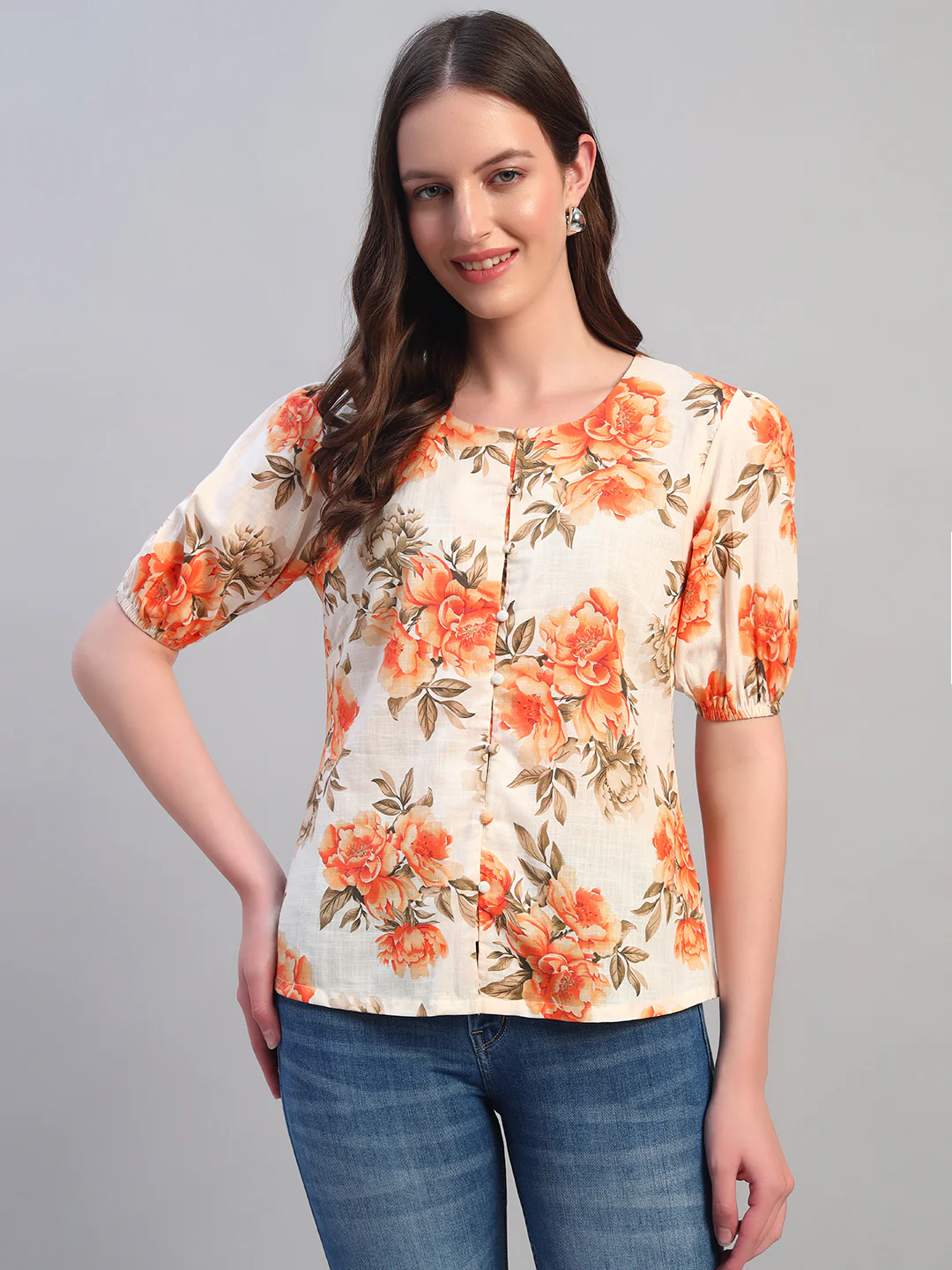 Women Orange Printed Round Neck Half Sleeves Casual Top - Image 2