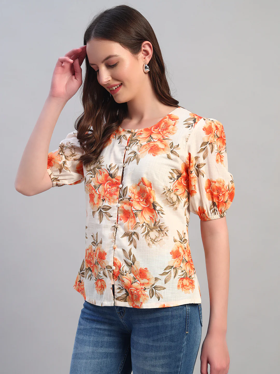 Women Orange Printed Round Neck Half Sleeves Casual Top - Image 3