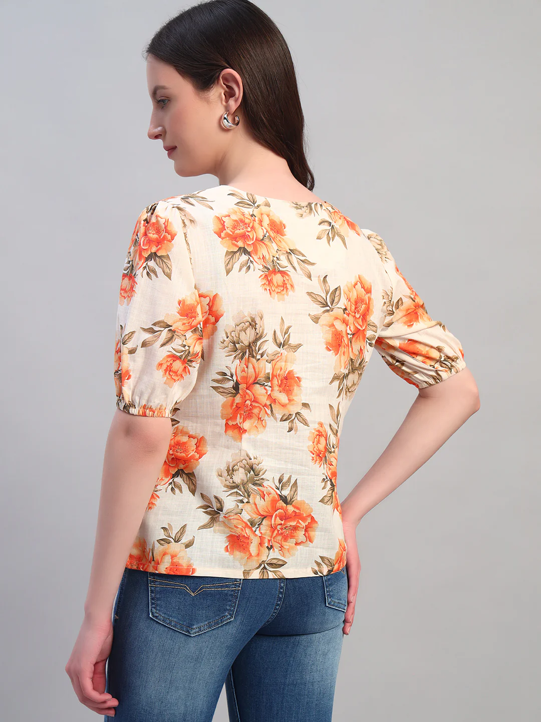 Women Orange Printed Round Neck Half Sleeves Casual Top - Image 4