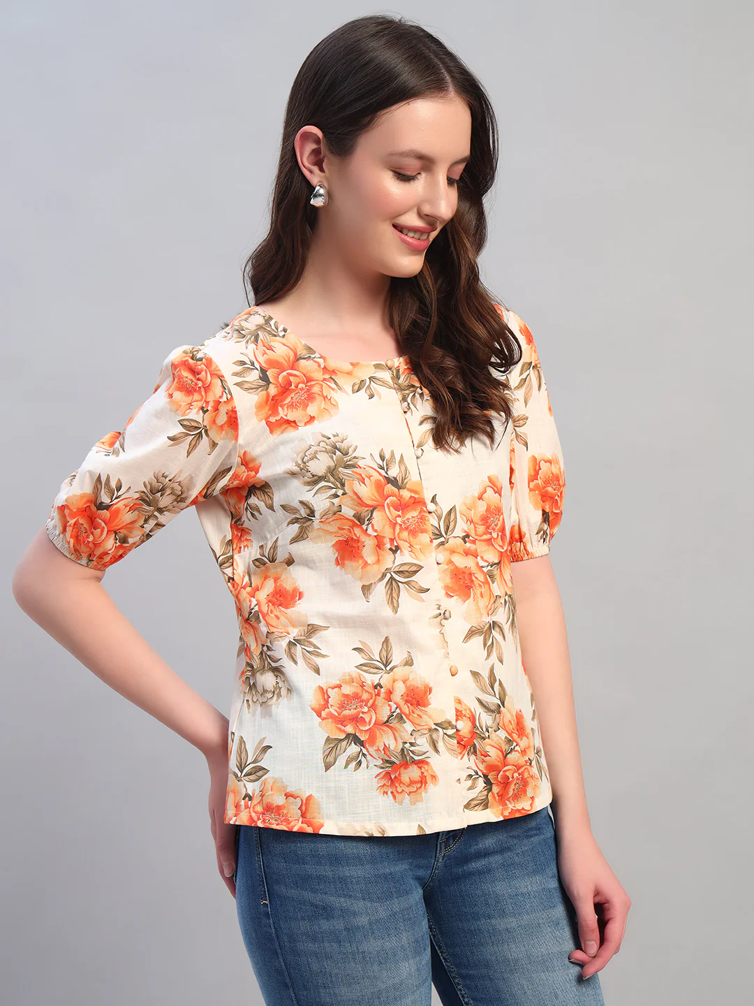 Women Orange Printed Round Neck Half Sleeves Casual Top - Image 5
