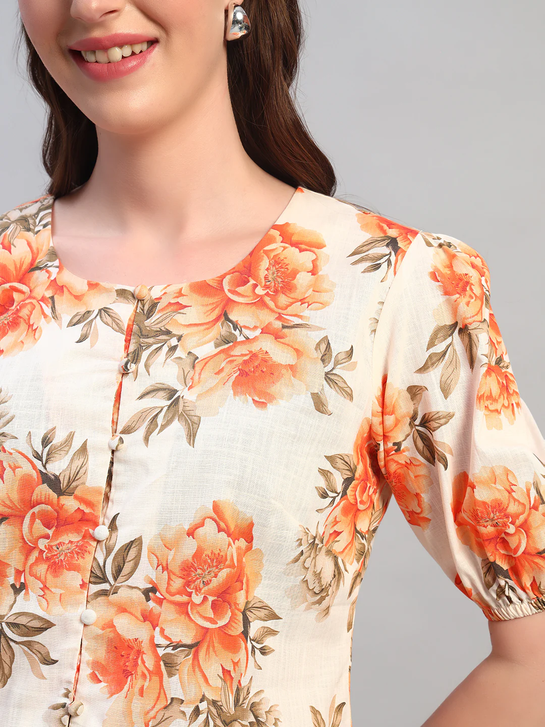 Women Orange Printed Round Neck Half Sleeves Casual Top - Image 6