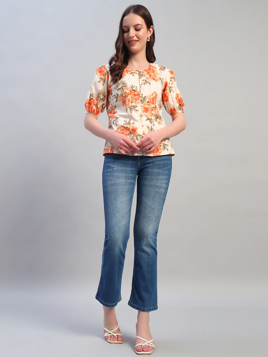 Women Orange Printed Round Neck Half Sleeves Casual Top - Image 7