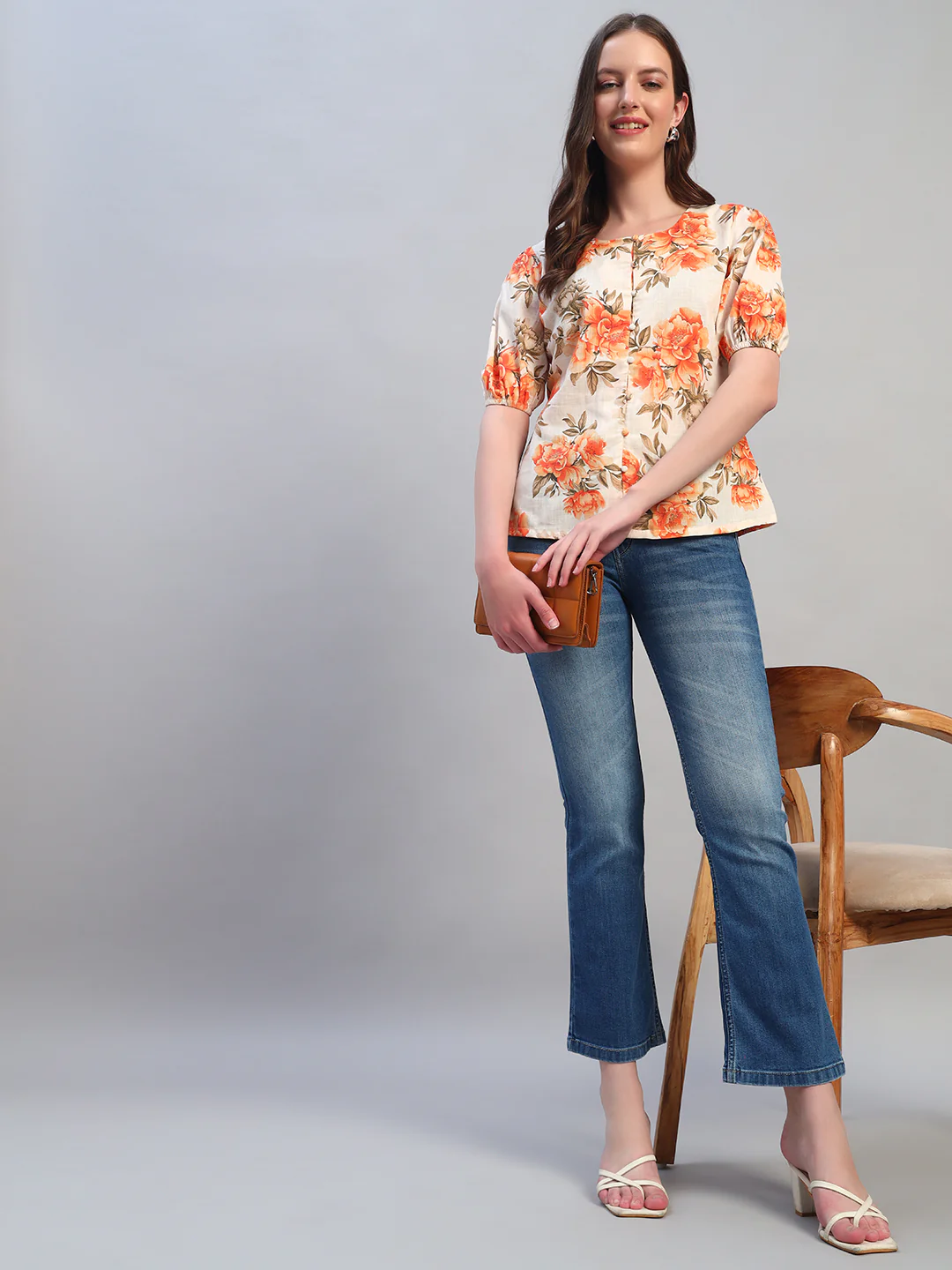 Women Orange Printed Round Neck Half Sleeves Casual Top - Image 8