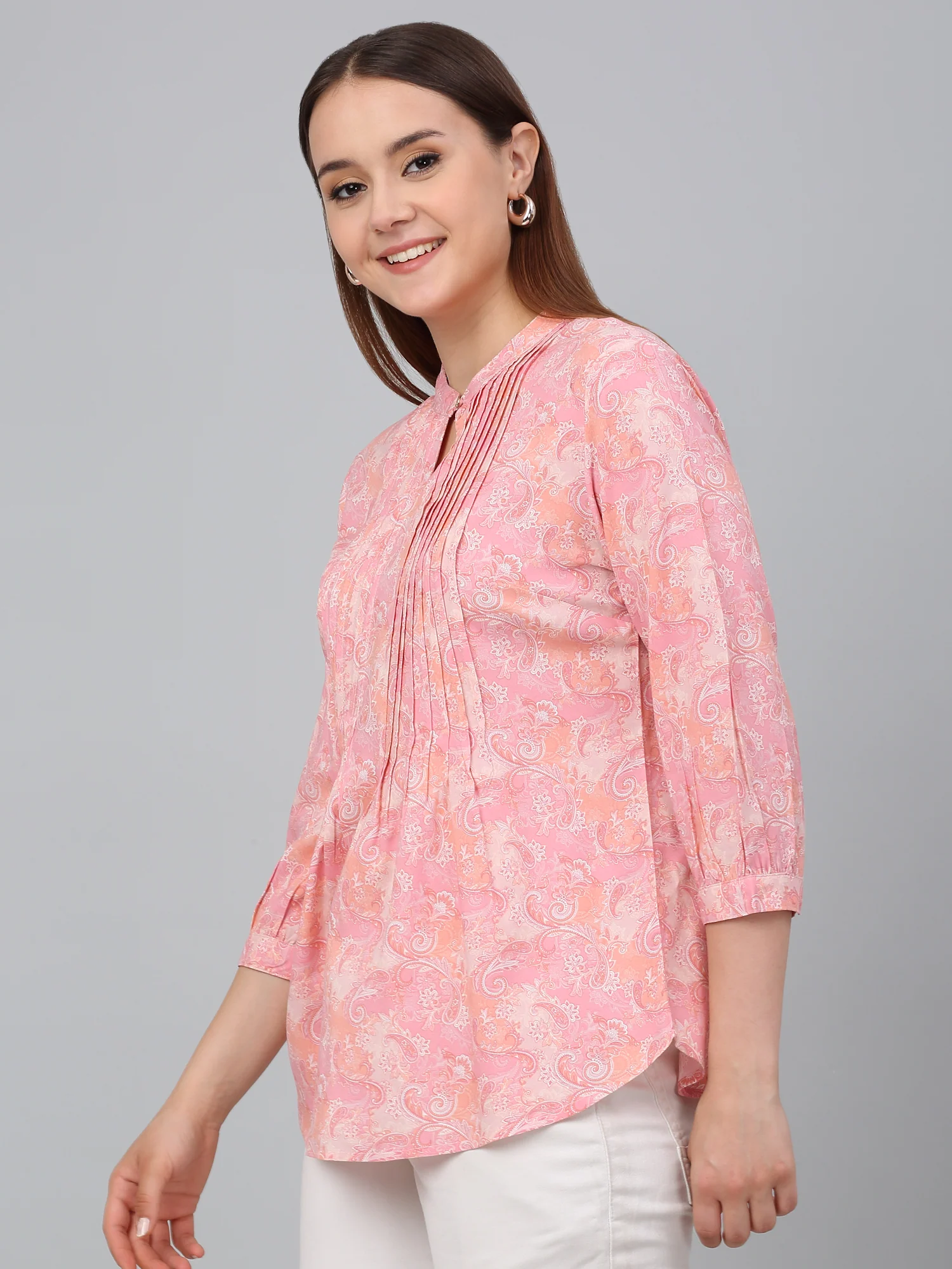Women Pink Printed Mandarin Collar Casual Tunic - Image 4