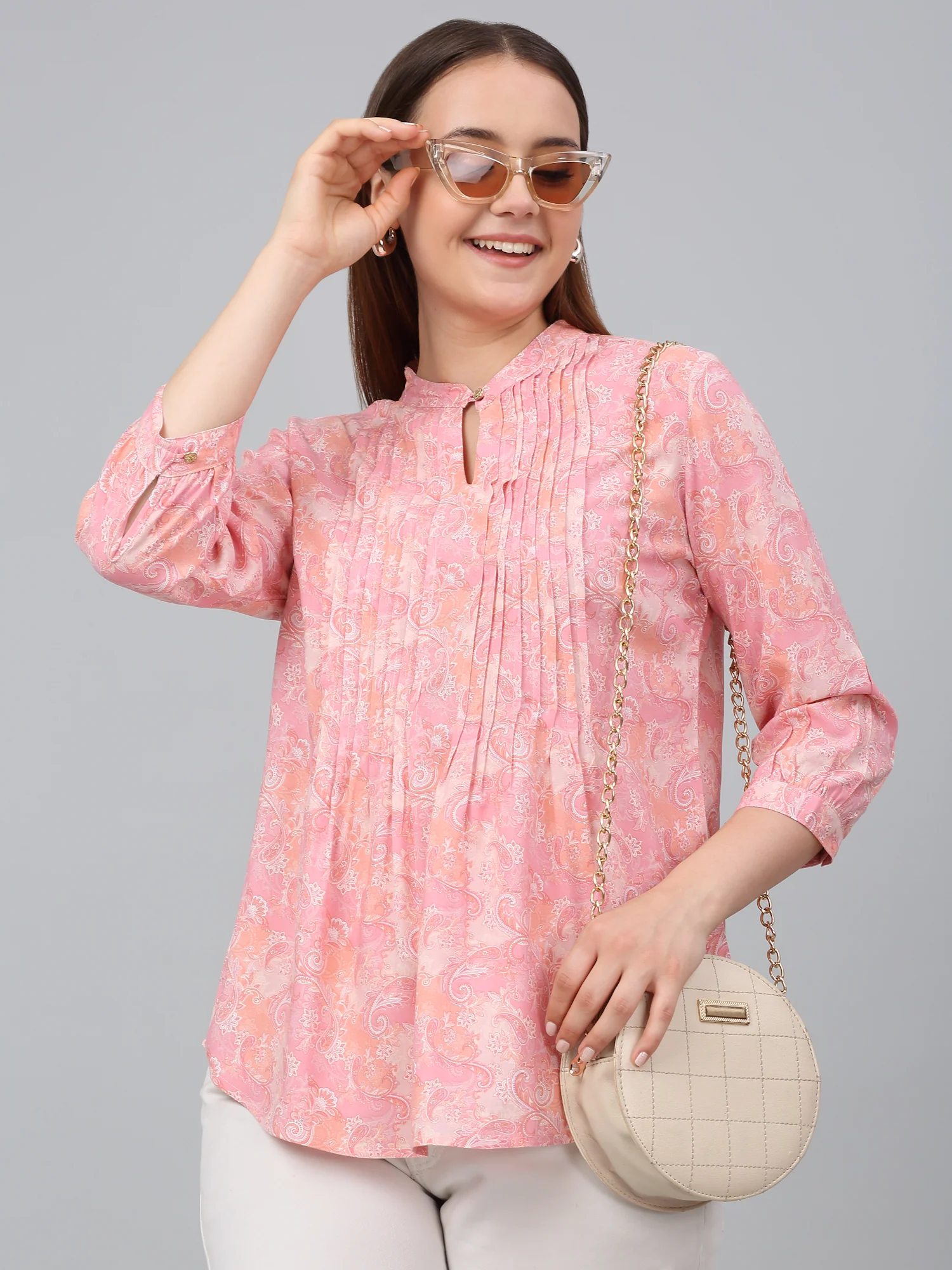 Women Pink Printed Mandarin Collar Casual Tunic - Image 6