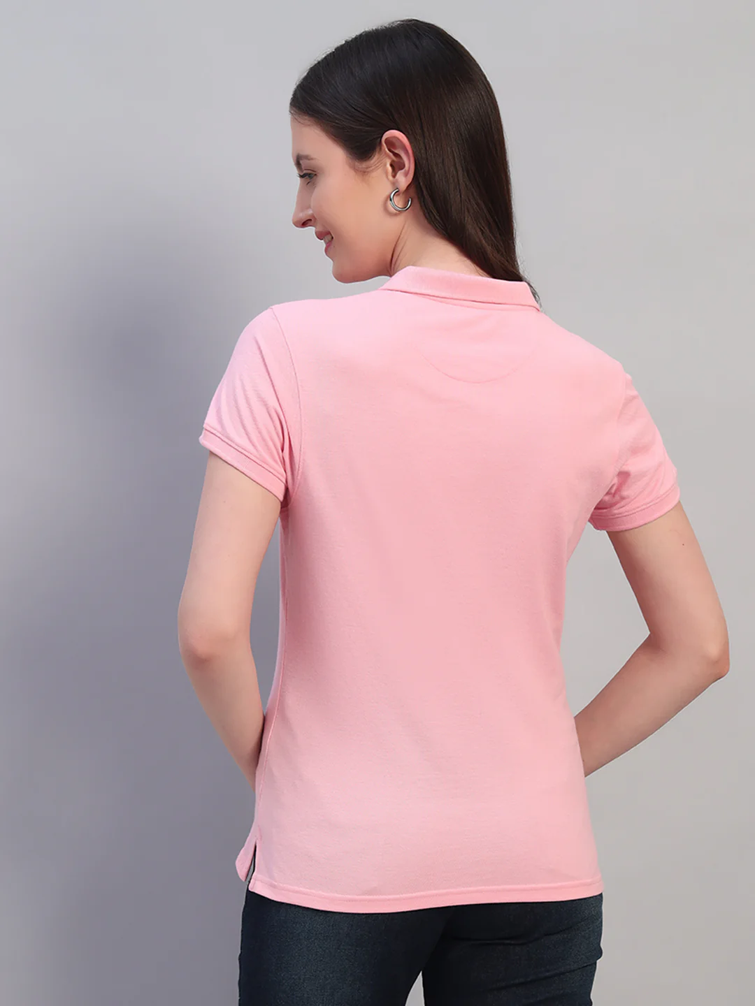 Women Pink Solid Half Sleeves Polo Neck Casual T-Shirt - Image 2