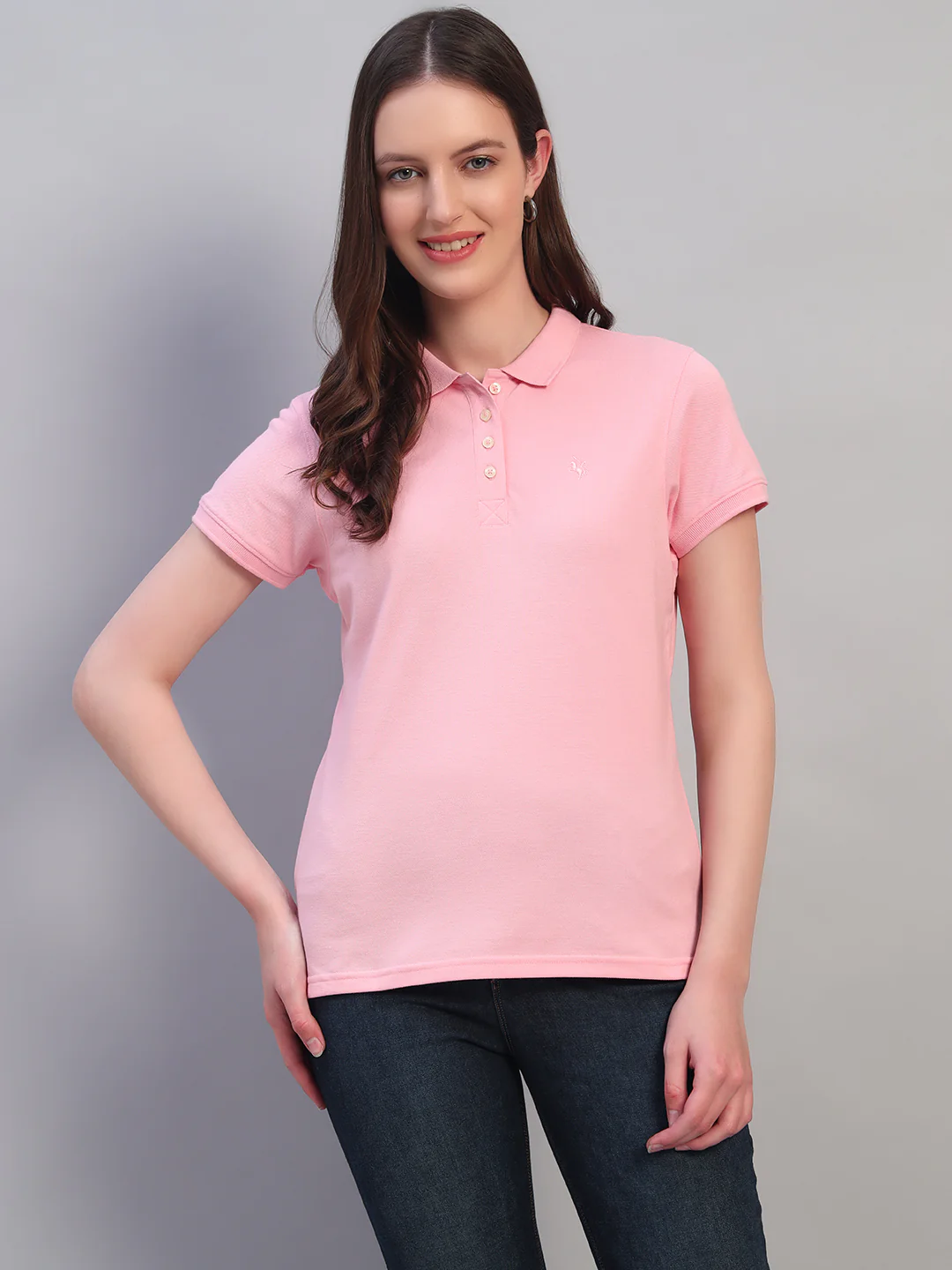Women Pink Solid Half Sleeves Polo Neck Casual T-Shirt - Image 3