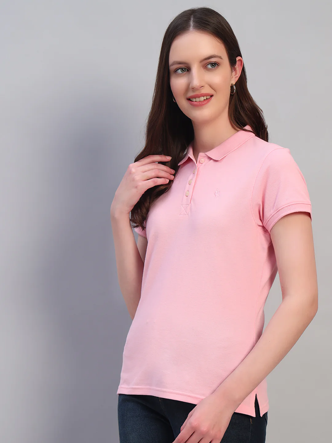 Women Pink Solid Half Sleeves Polo Neck Casual T-Shirt - Image 4