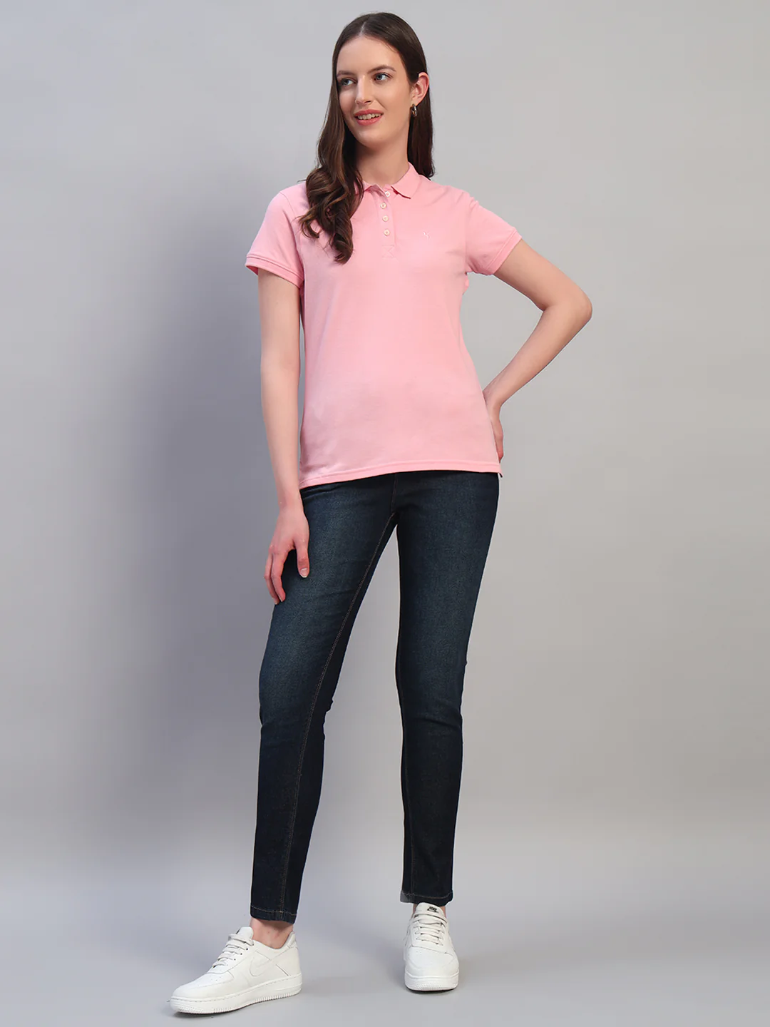 Women Pink Solid Half Sleeves Polo Neck Casual T-Shirt - Image 5