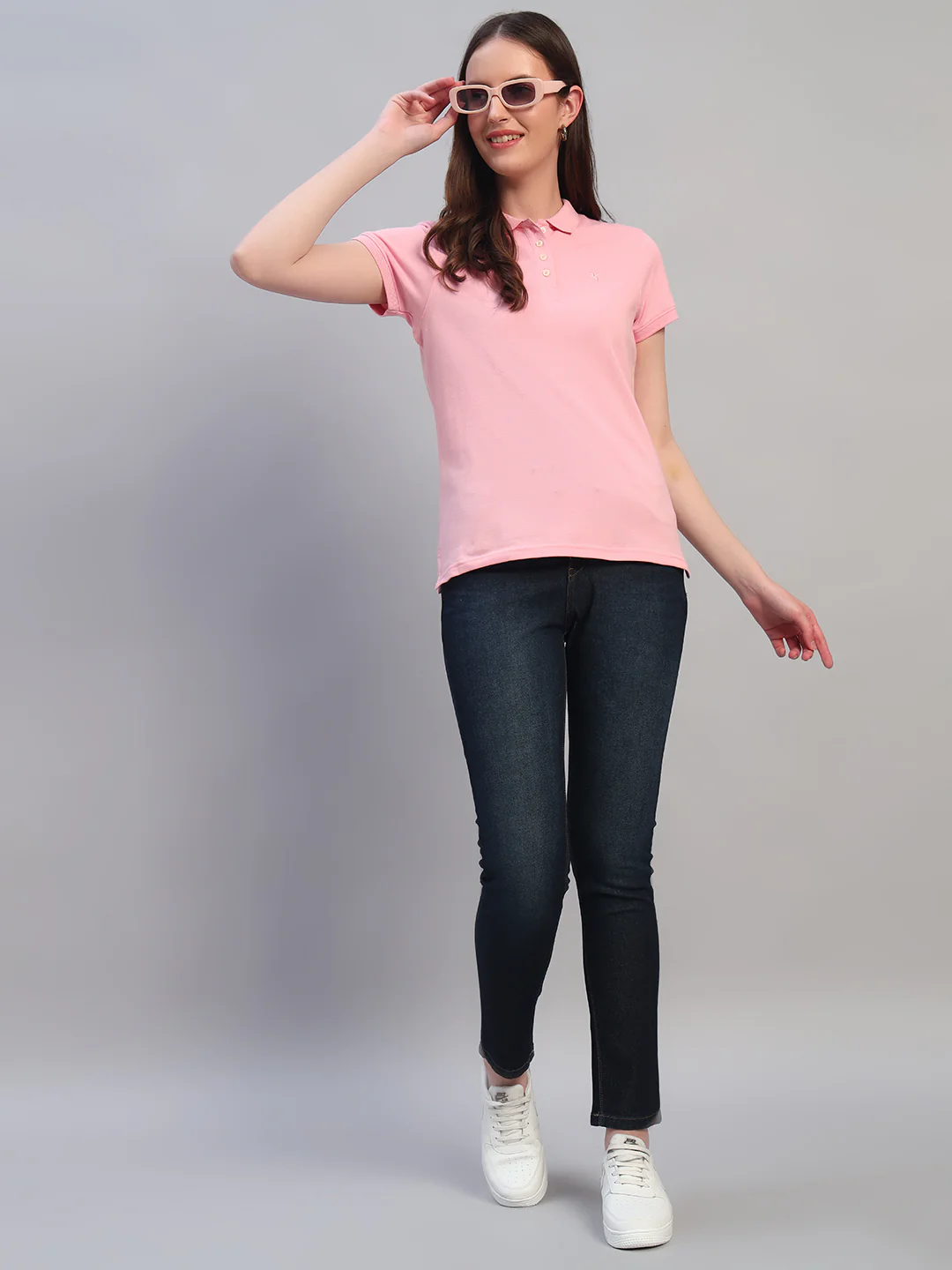 Women Pink Solid Half Sleeves Polo Neck Casual T-Shirt - Image 6