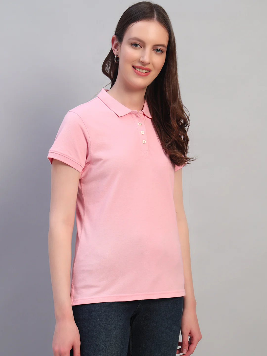 Women Pink Solid Half Sleeves Polo Neck Casual T-Shirt - Image 7