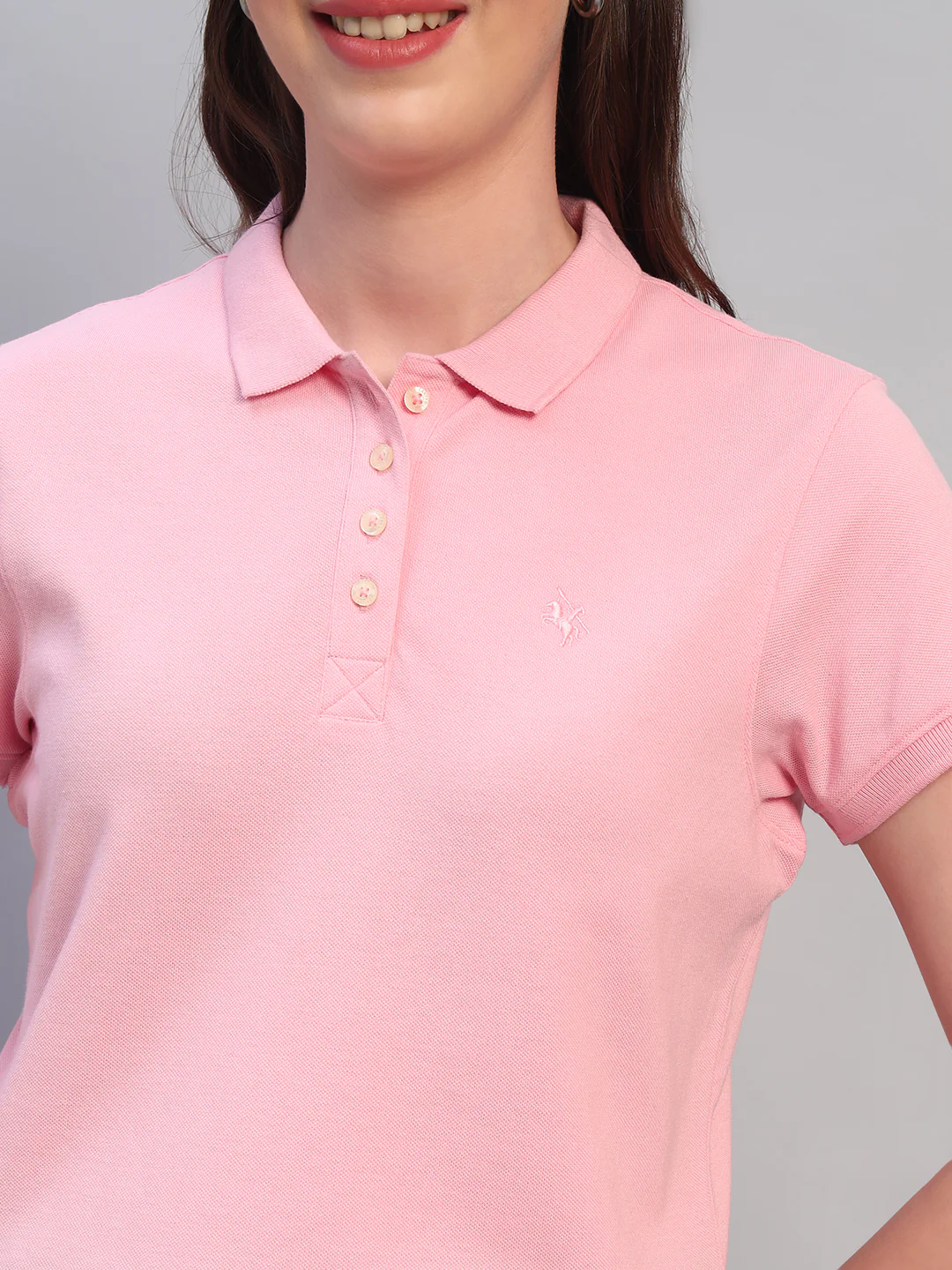 Women Pink Solid Half Sleeves Polo Neck Casual T-Shirt - Image 8