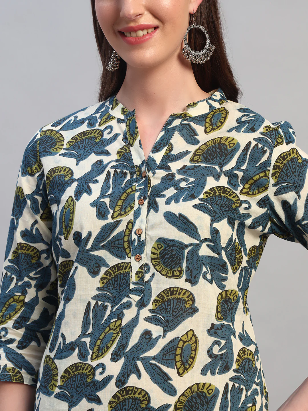 Women Printed Blue 3/4th Sleeves Regular Fit Casual Kurti - Image 6