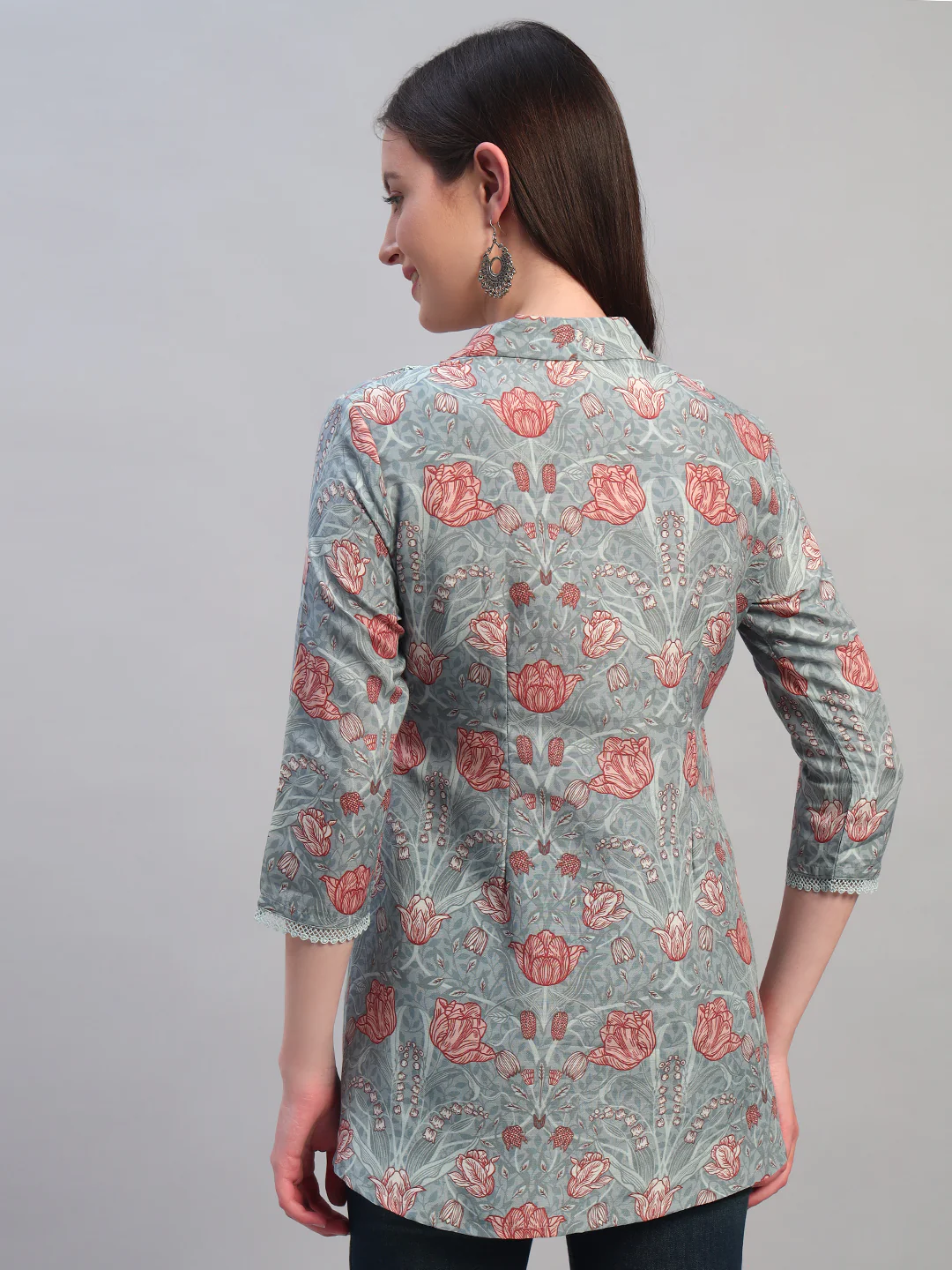 Women Printed Blue 3/4th Sleeves Regular Fit Short Kurti - Image 2