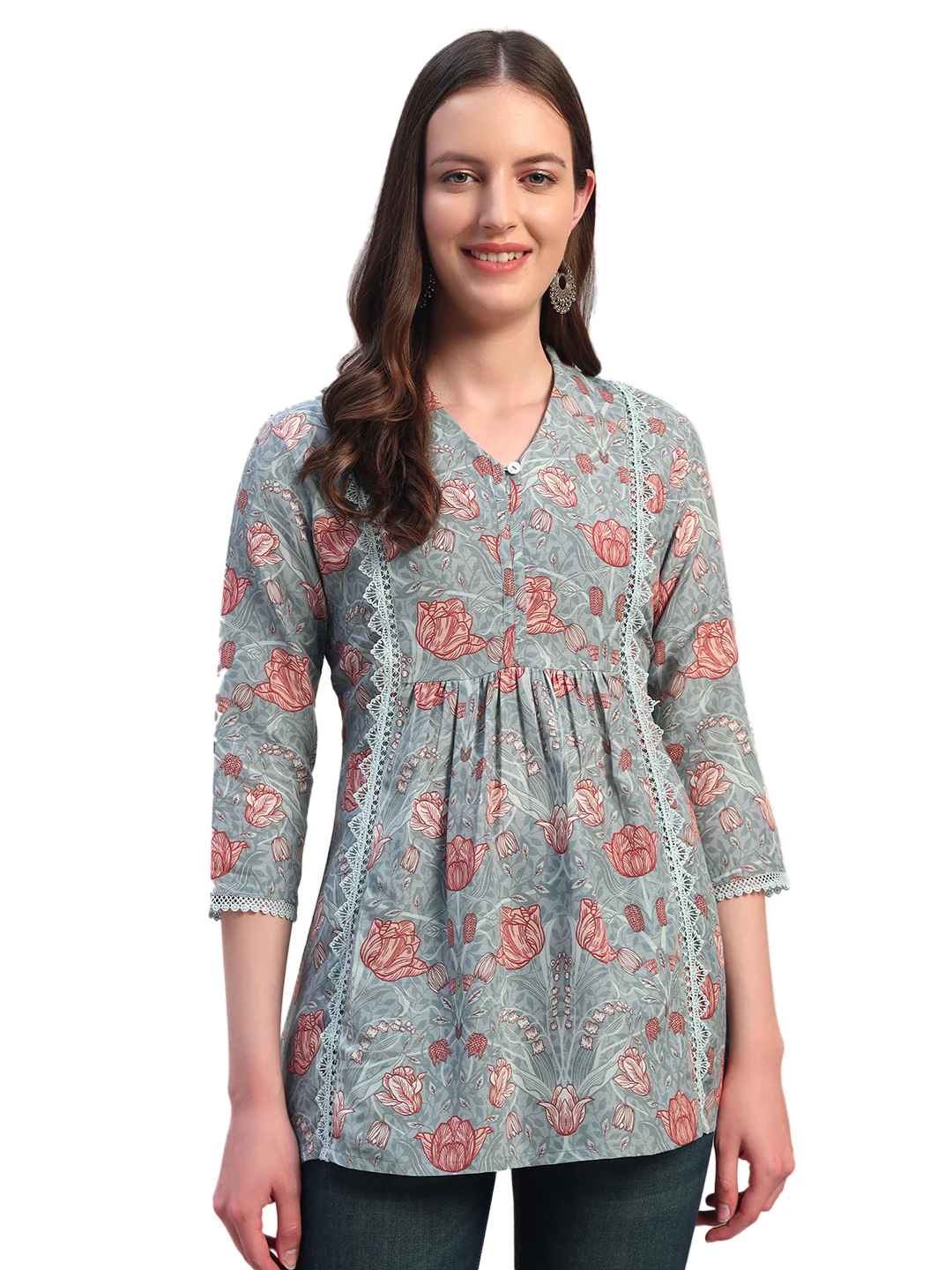 Women Printed Blue 3/4th Sleeves Regular Fit Short Kurti - Image 3