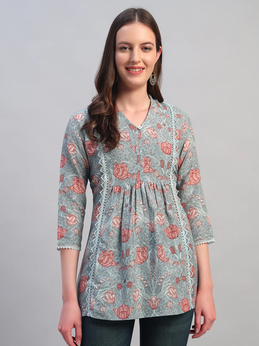 Women Printed Blue 3/4th Sleeves Regular Fit Short Kurti - Image 4