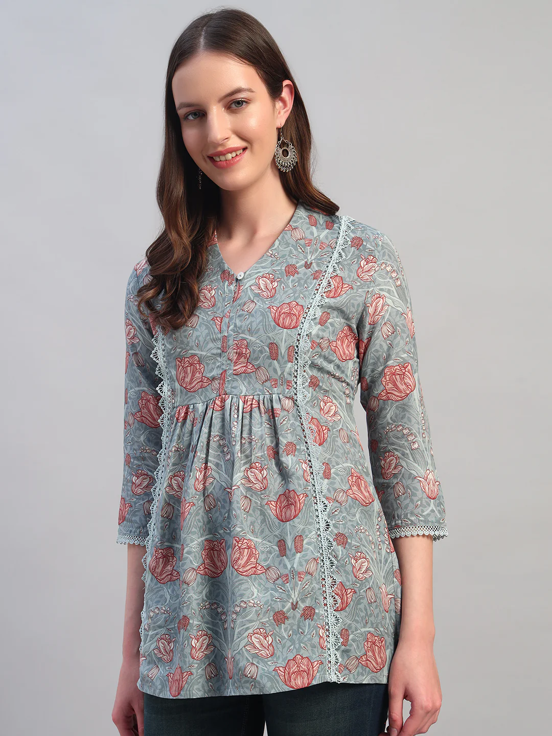 Women Printed Blue 3/4th Sleeves Regular Fit Short Kurti - Image 5