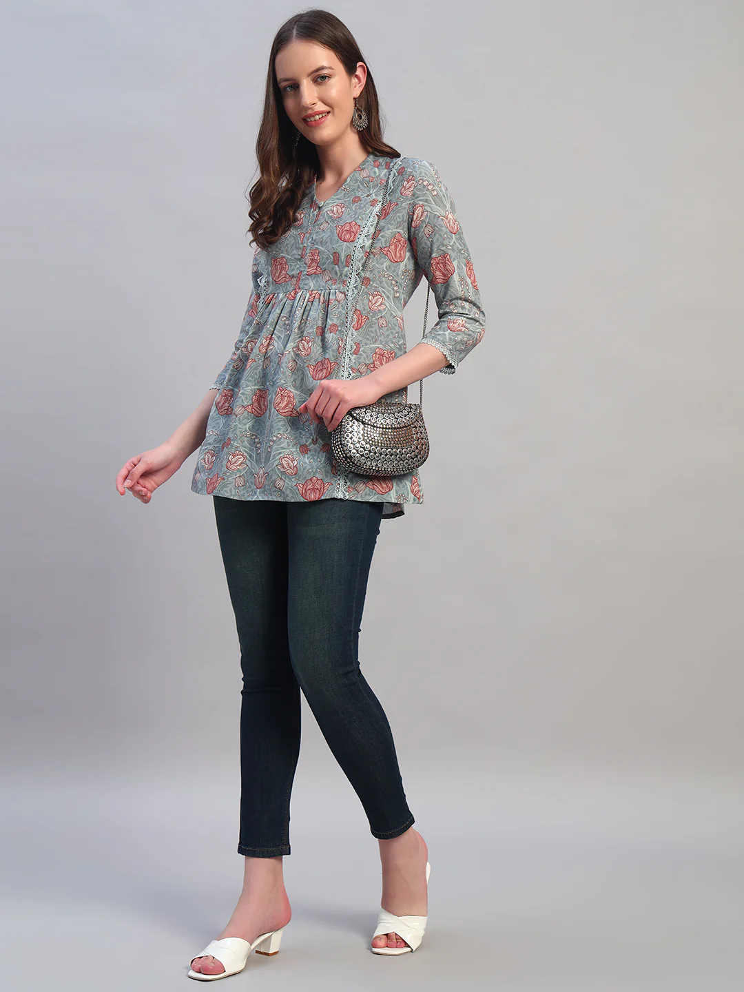 Women Printed Blue 3/4th Sleeves Regular Fit Short Kurti - Image 6