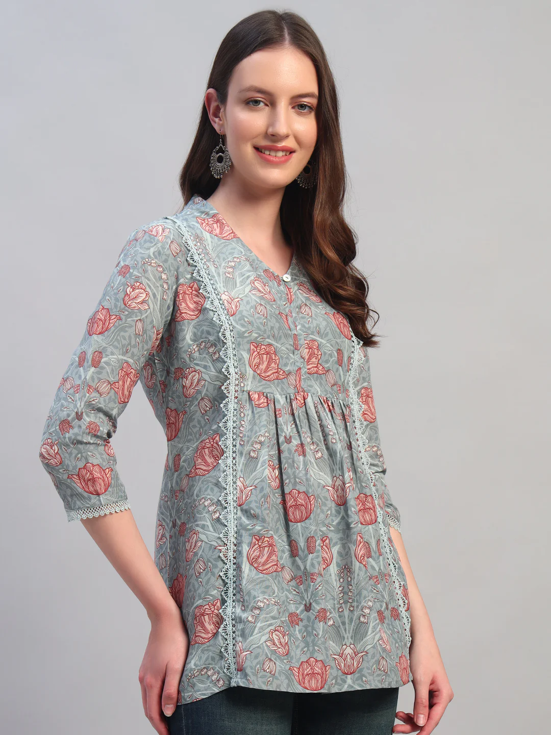 Women Printed Blue 3/4th Sleeves Regular Fit Short Kurti - Image 7