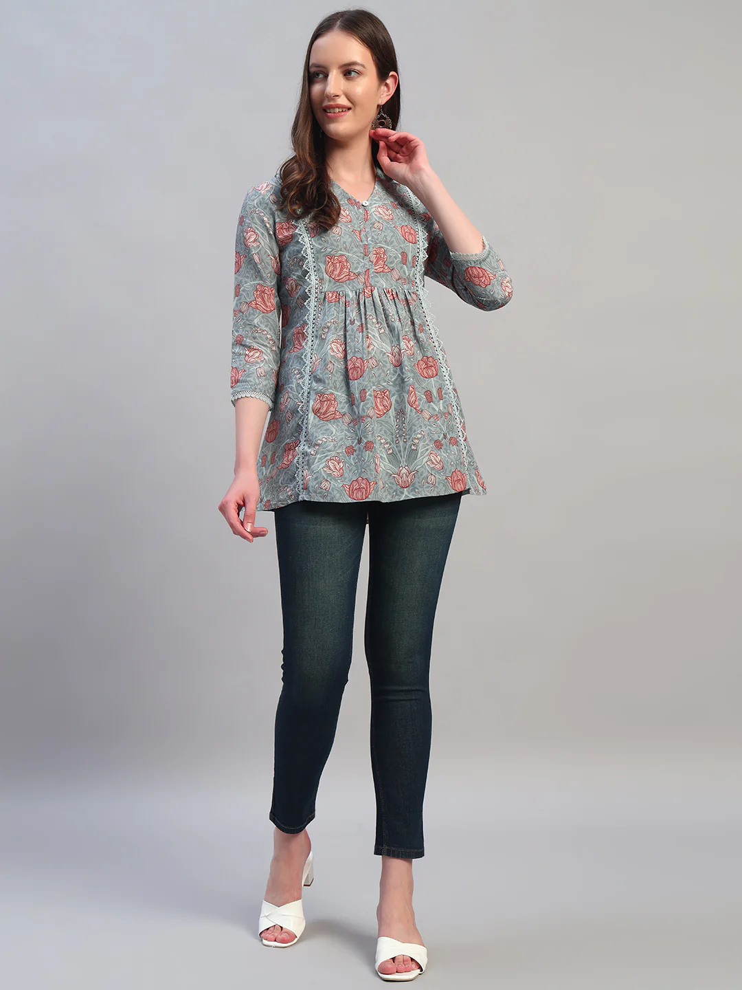 Women Printed Blue 3/4th Sleeves Regular Fit Short Kurti - Image 9
