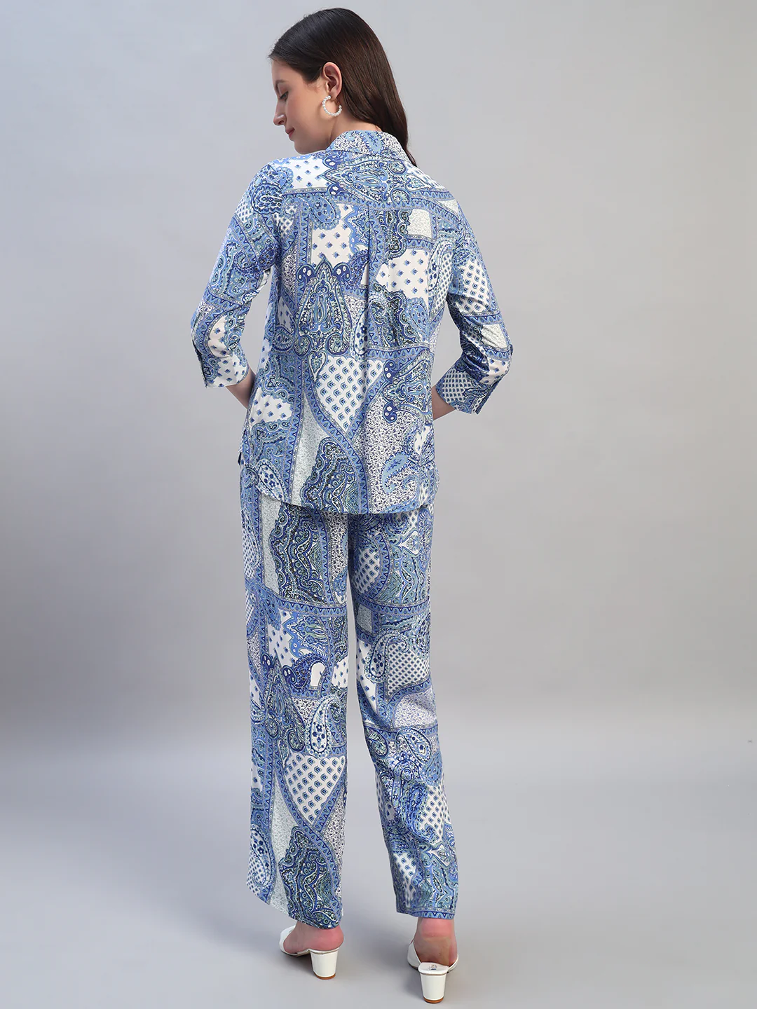Women Printed Blue Shirt Collar 3/4th Sleeves Regular Fit  Co-Ord-Set - Image 4