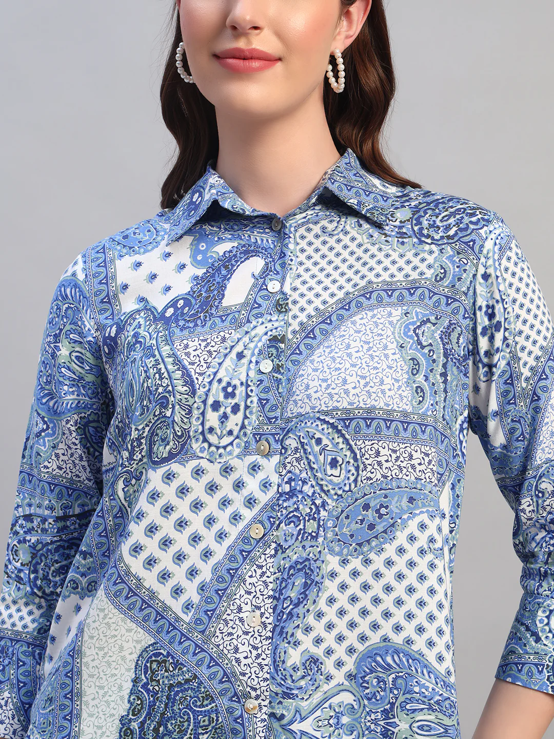 Women Printed Blue Shirt Collar 3/4th Sleeves Regular Fit  Co-Ord-Set - Image 6