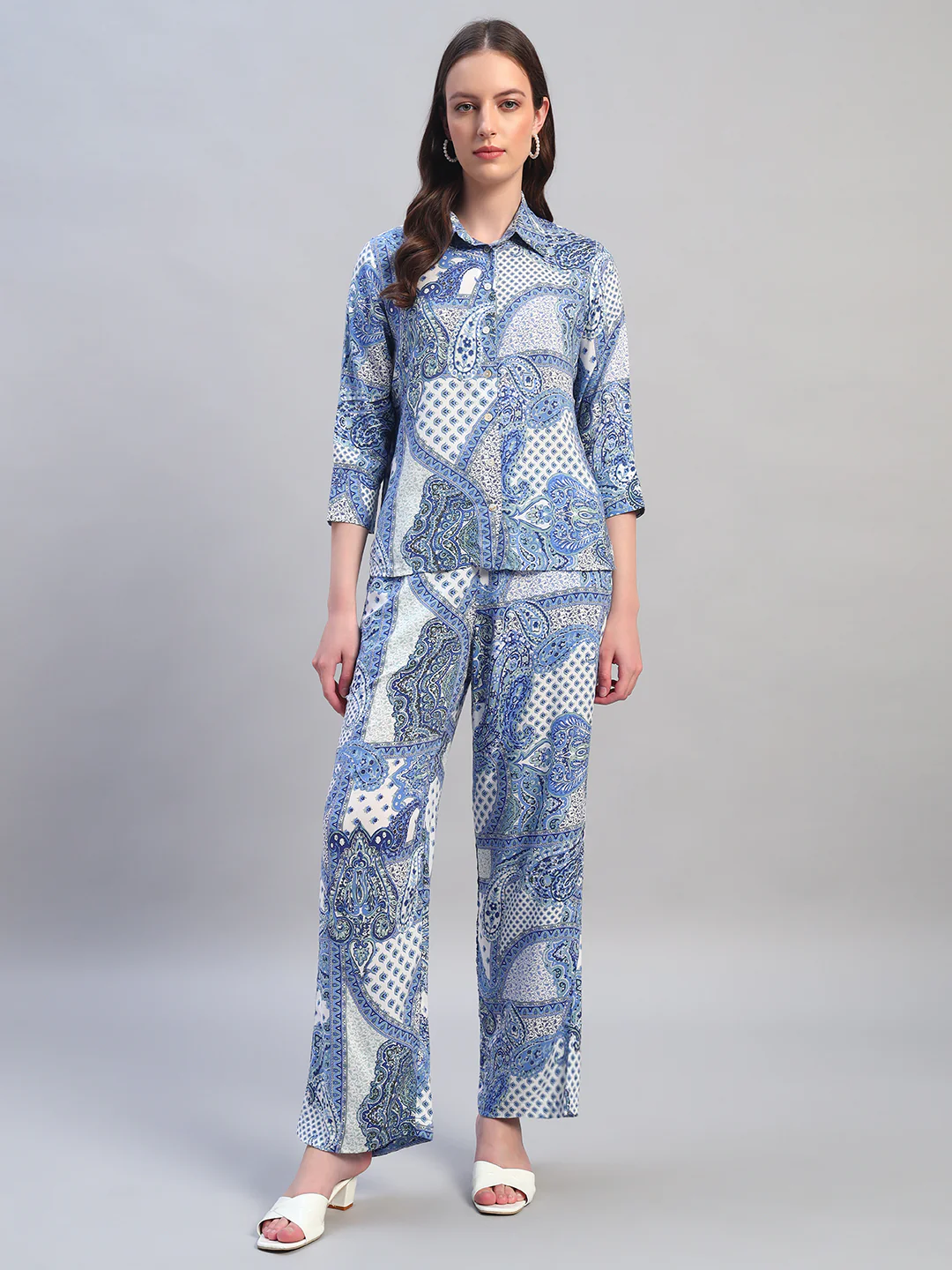 Women Printed Blue Shirt Collar 3/4th Sleeves Regular Fit  Co-Ord-Set - Image 9