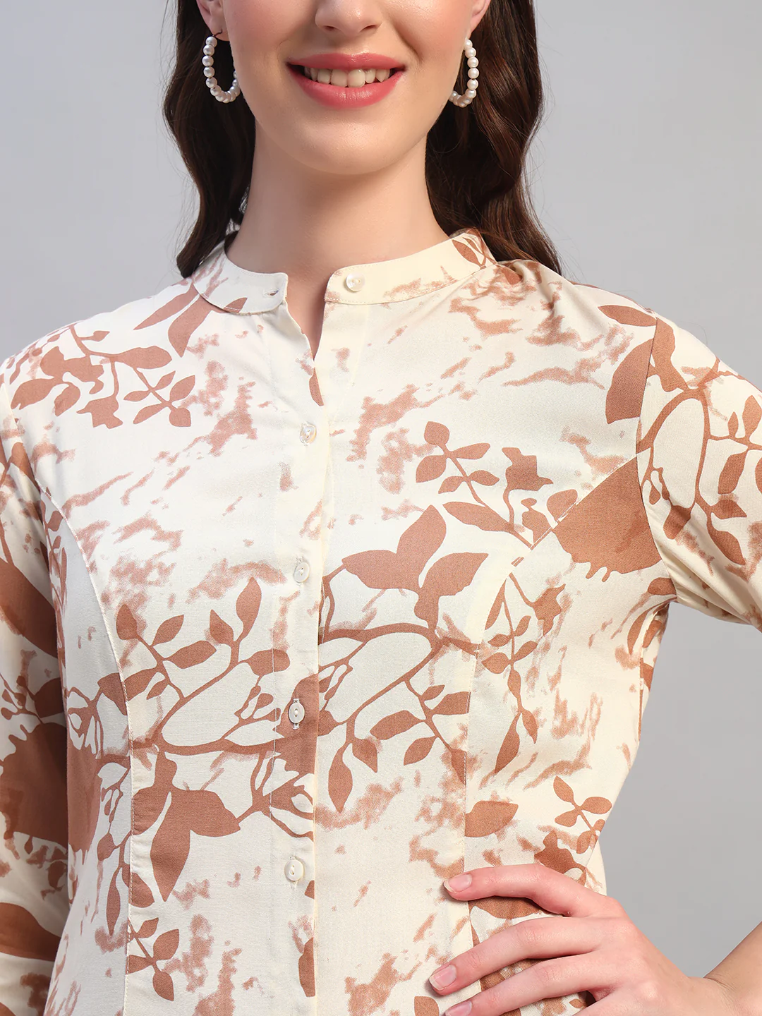 Women Printed Ivory Mandarin Neck 3/4th Sleeves Kurti Plazzo Set - Image 6