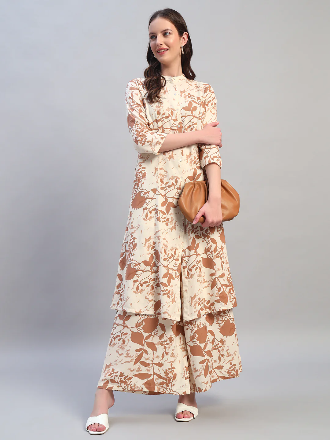 Women Printed Ivory Mandarin Neck 3/4th Sleeves Kurti Plazzo Set - Image 8
