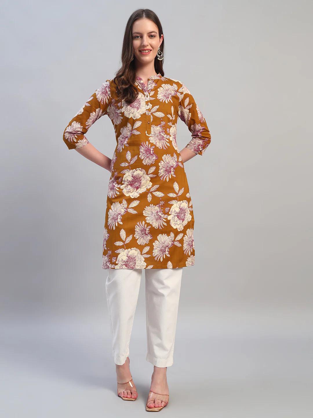Women Printed Mustard 3/4th Sleeves Regular Fit Kurti - Image 2