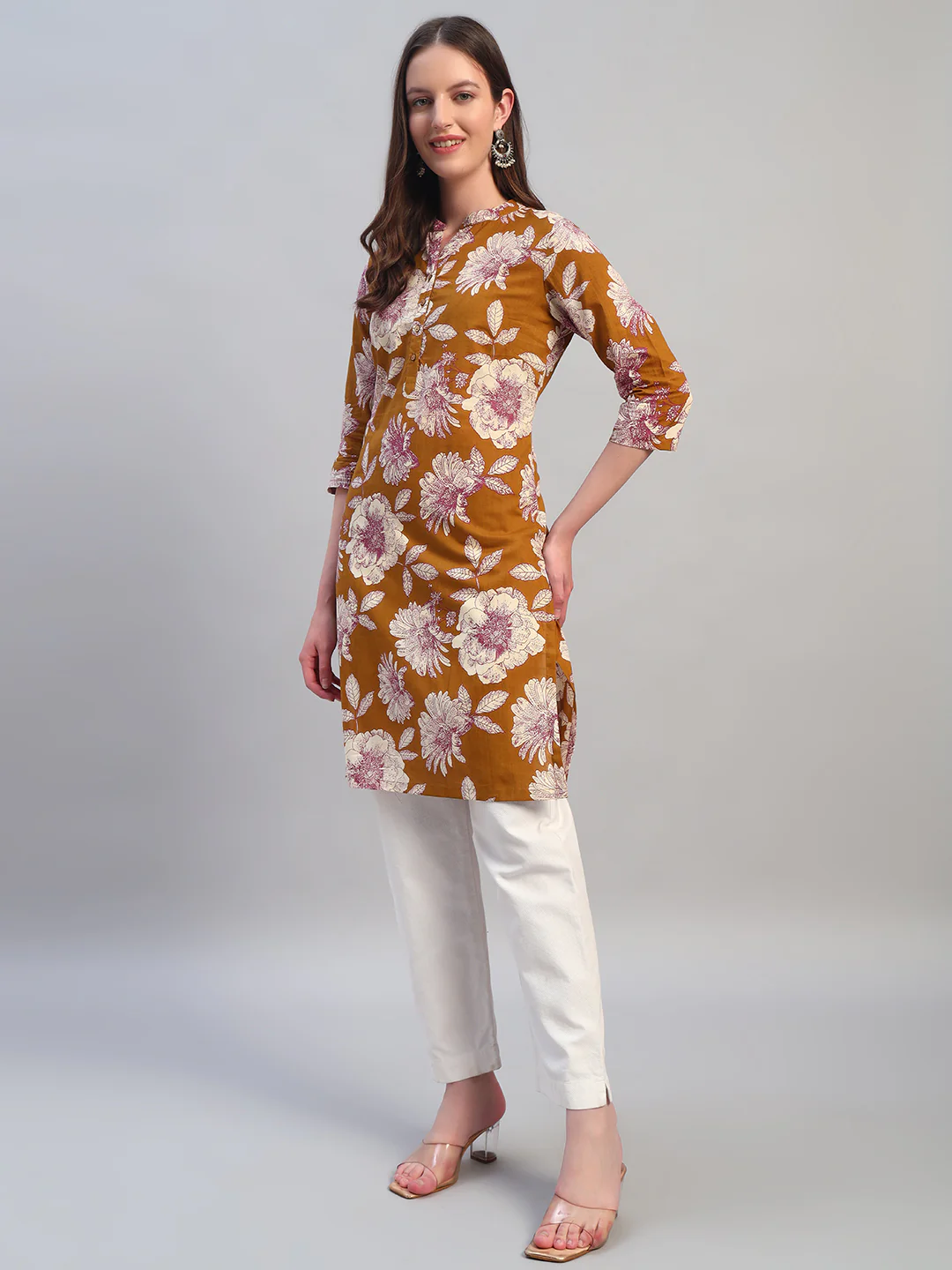 Women Printed Mustard 3/4th Sleeves Regular Fit Kurti - Image 3