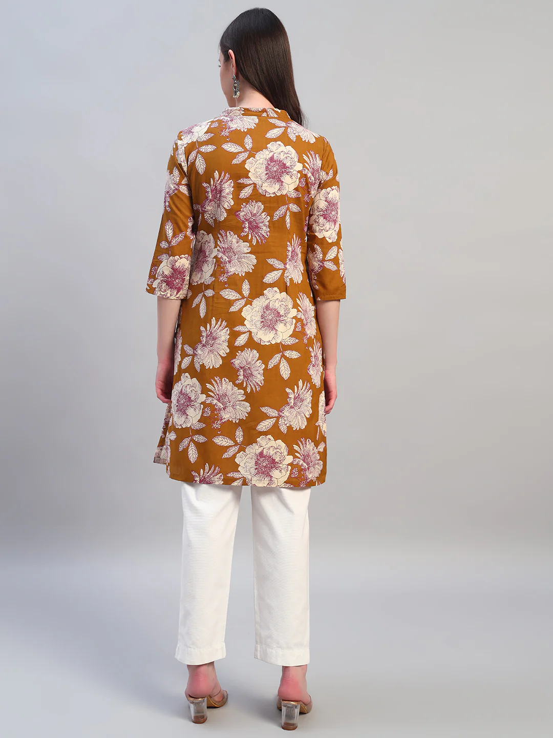 Women Printed Mustard 3/4th Sleeves Regular Fit Kurti - Image 4