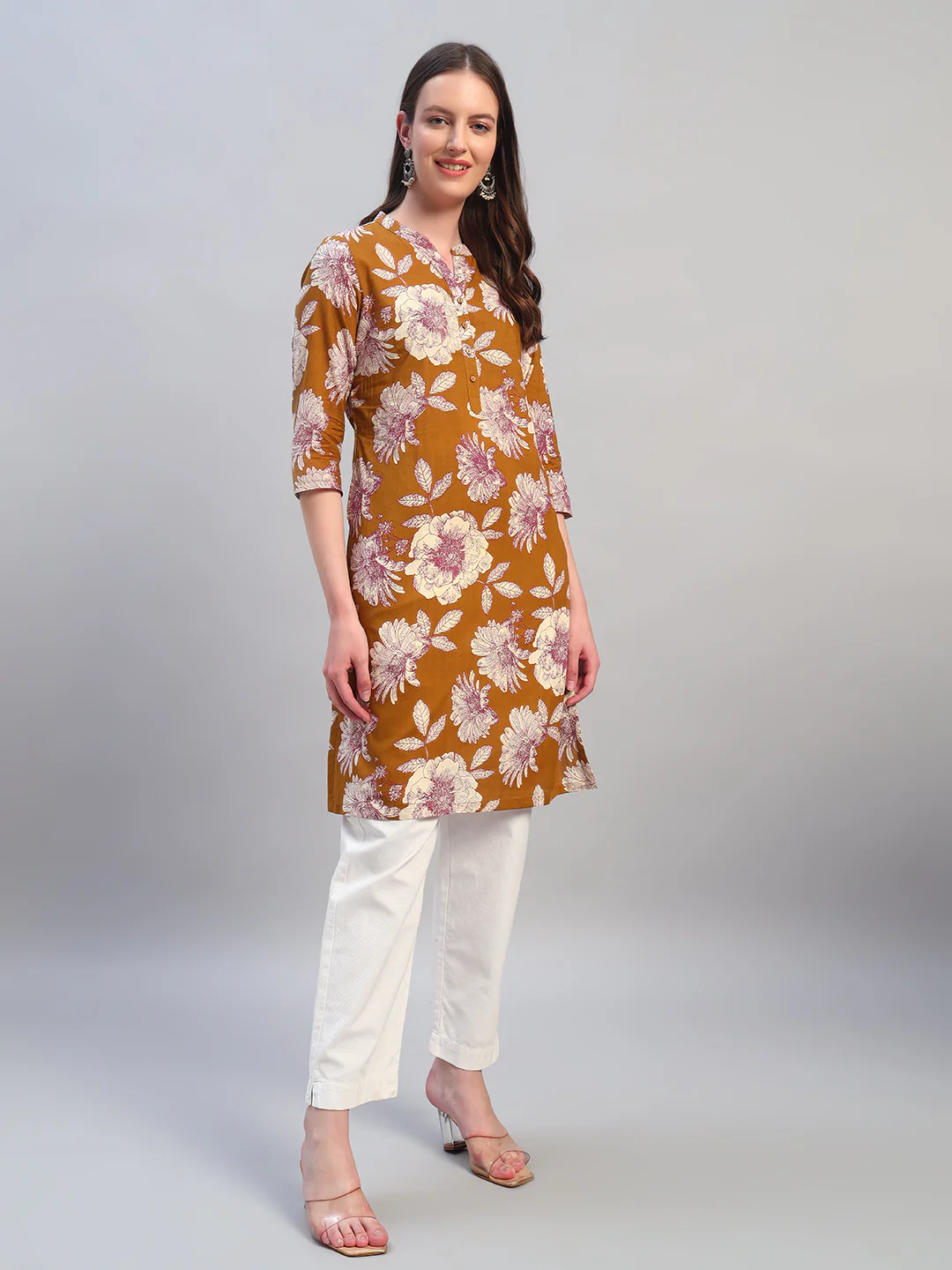Women Printed Mustard 3/4th Sleeves Regular Fit Kurti - Image 5