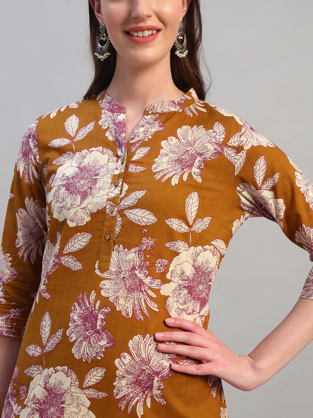 Women Printed Mustard 3/4th Sleeves Regular Fit Kurti - Image 6