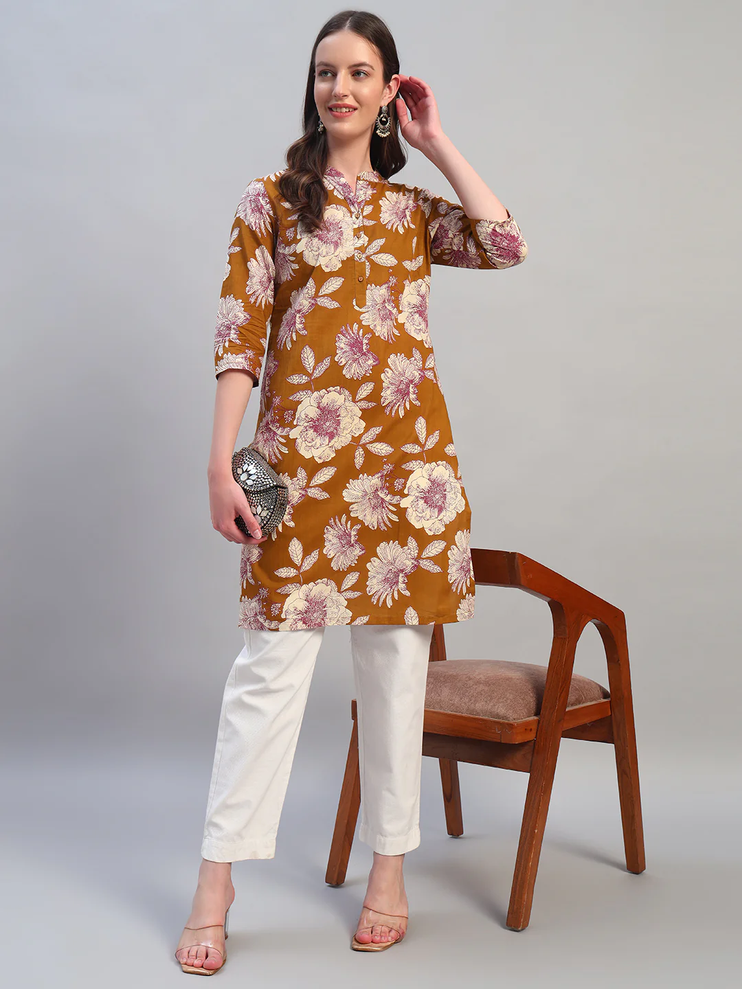 Women Printed Mustard 3/4th Sleeves Regular Fit Kurti - Image 7