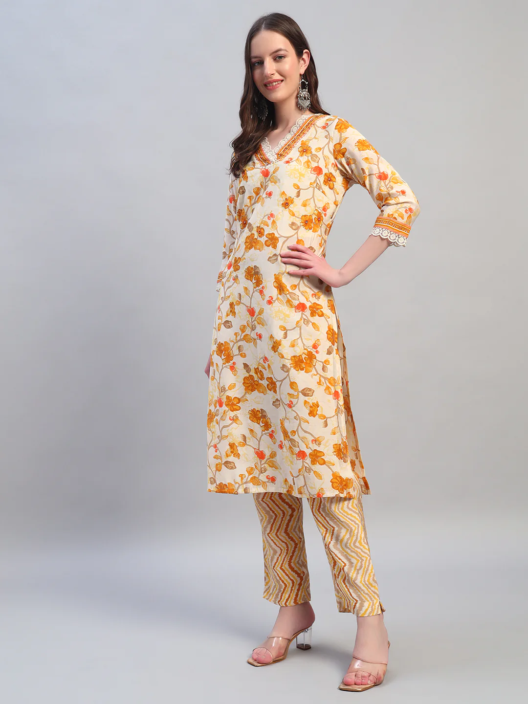 Women Printed Mustard V-Neck 3/4th Sleeves Kurti Plazzo Set - Image 3