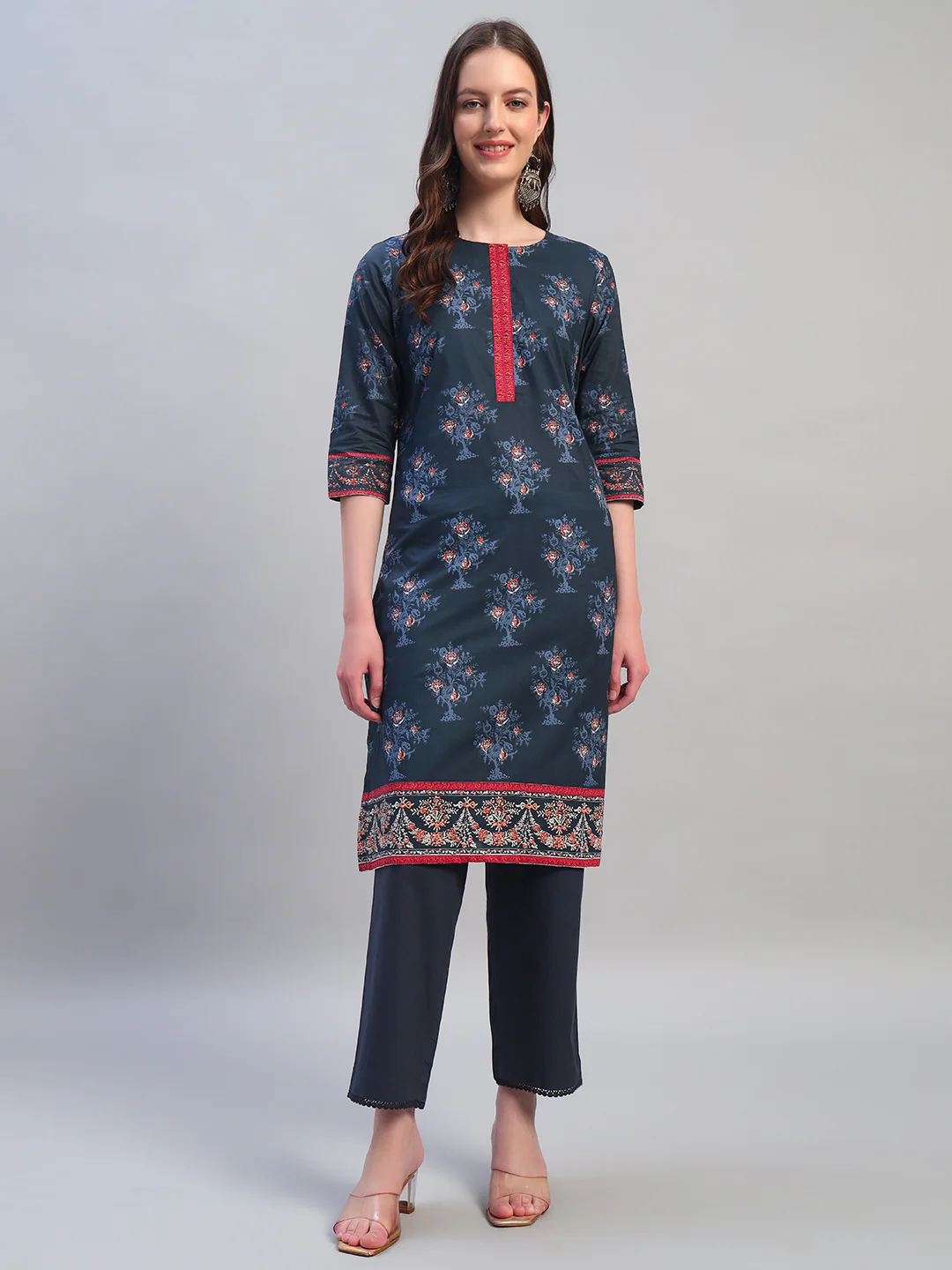Women Printed Navy Blue Round Neck 3/4th Sleeves Kurti Plazzo Set - Image 2