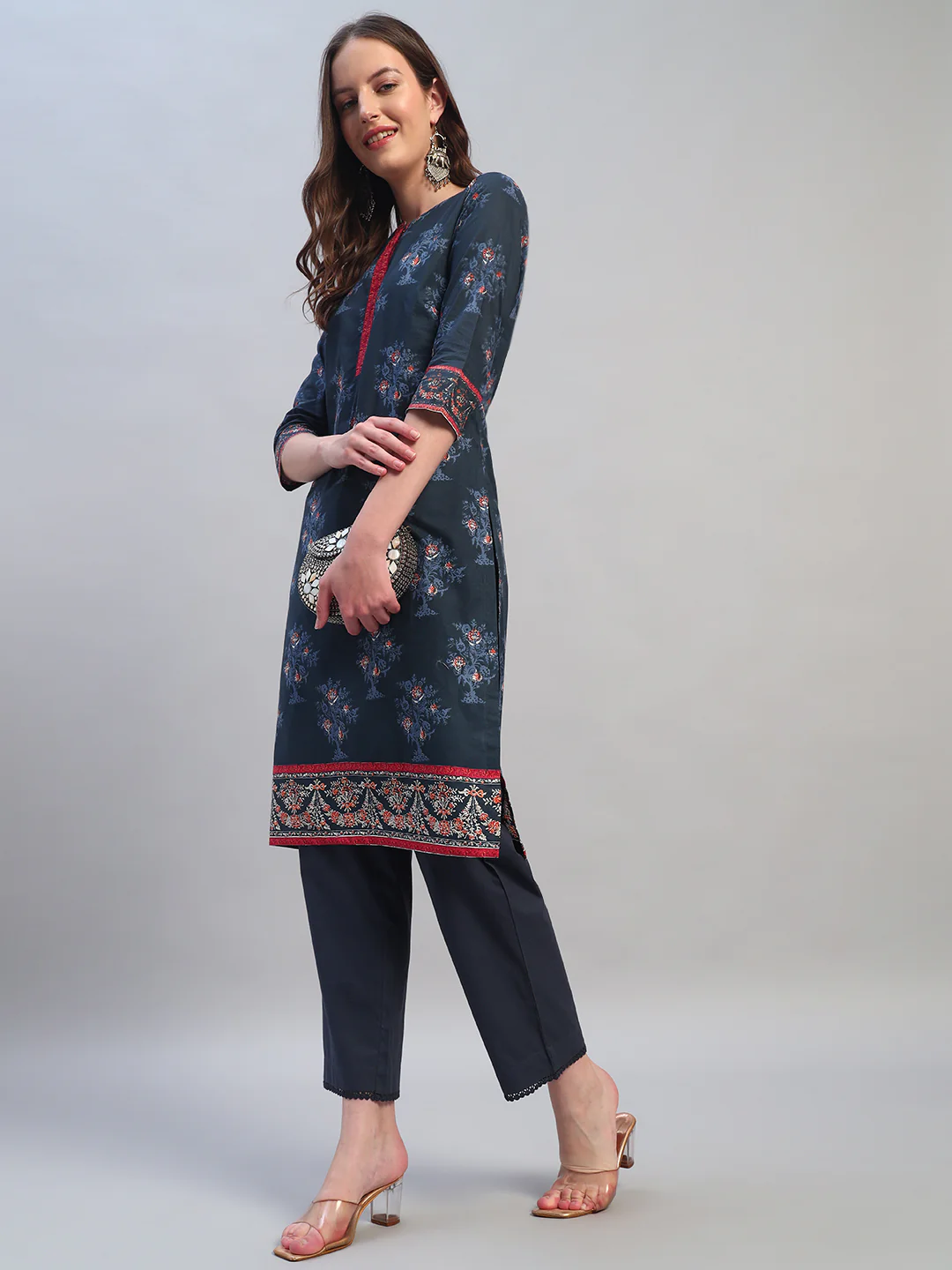 Women Printed Navy Blue Round Neck 3/4th Sleeves Kurti Plazzo Set - Image 5