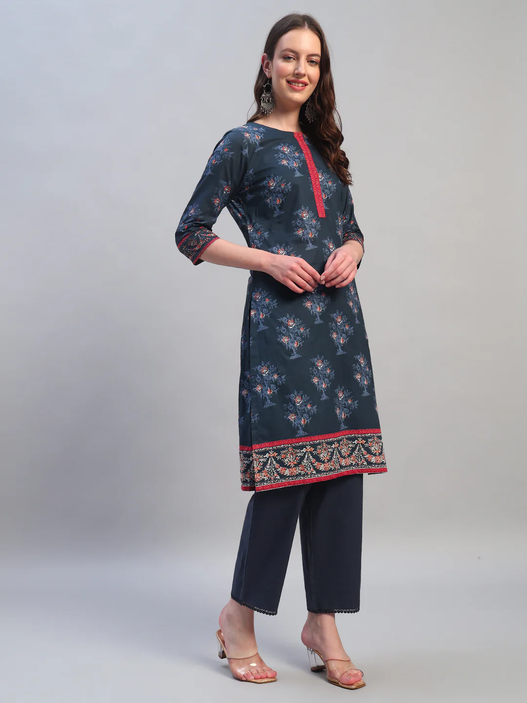Women Printed Navy Blue Round Neck 3/4th Sleeves Kurti Plazzo Set - Image 8