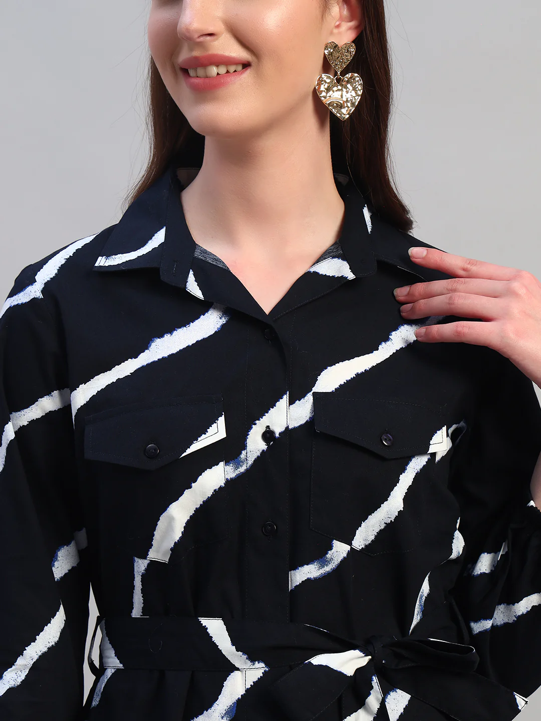 Women Printed Navy Blue Spread Collar Full Sleeves Casual Dress - Image 6