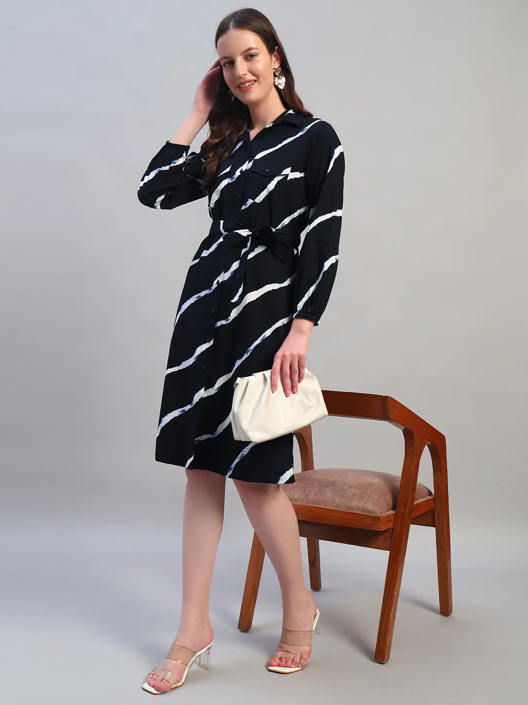 Women Printed Navy Blue Spread Collar Full Sleeves Casual Dress - Image 7