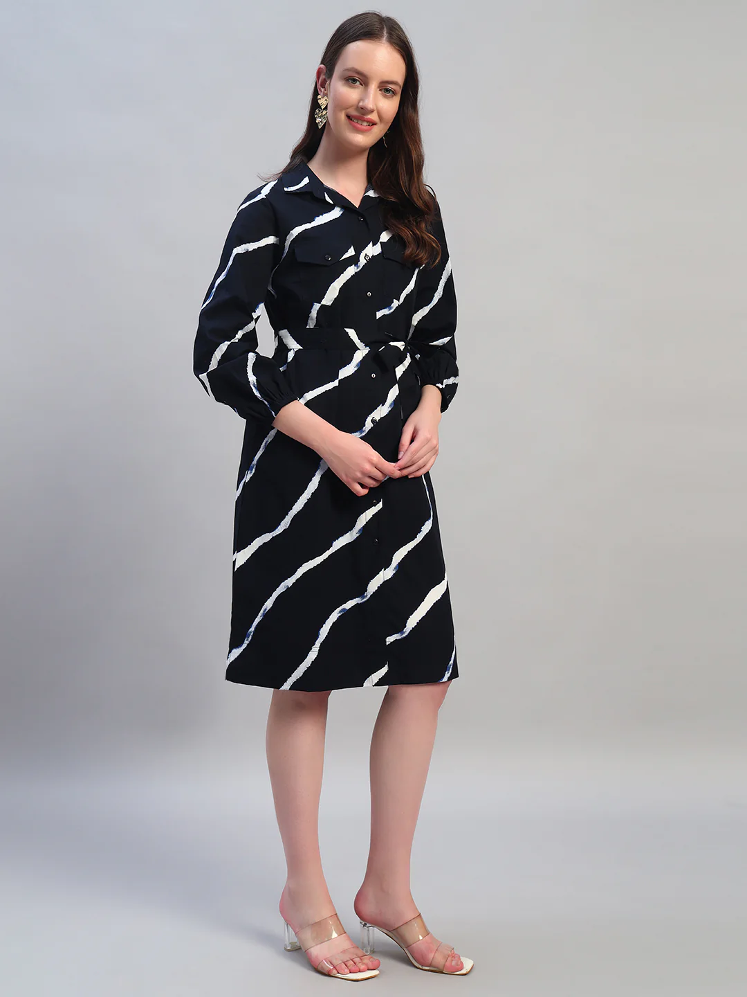 Women Printed Navy Blue Spread Collar Full Sleeves Casual Dress - Image 8