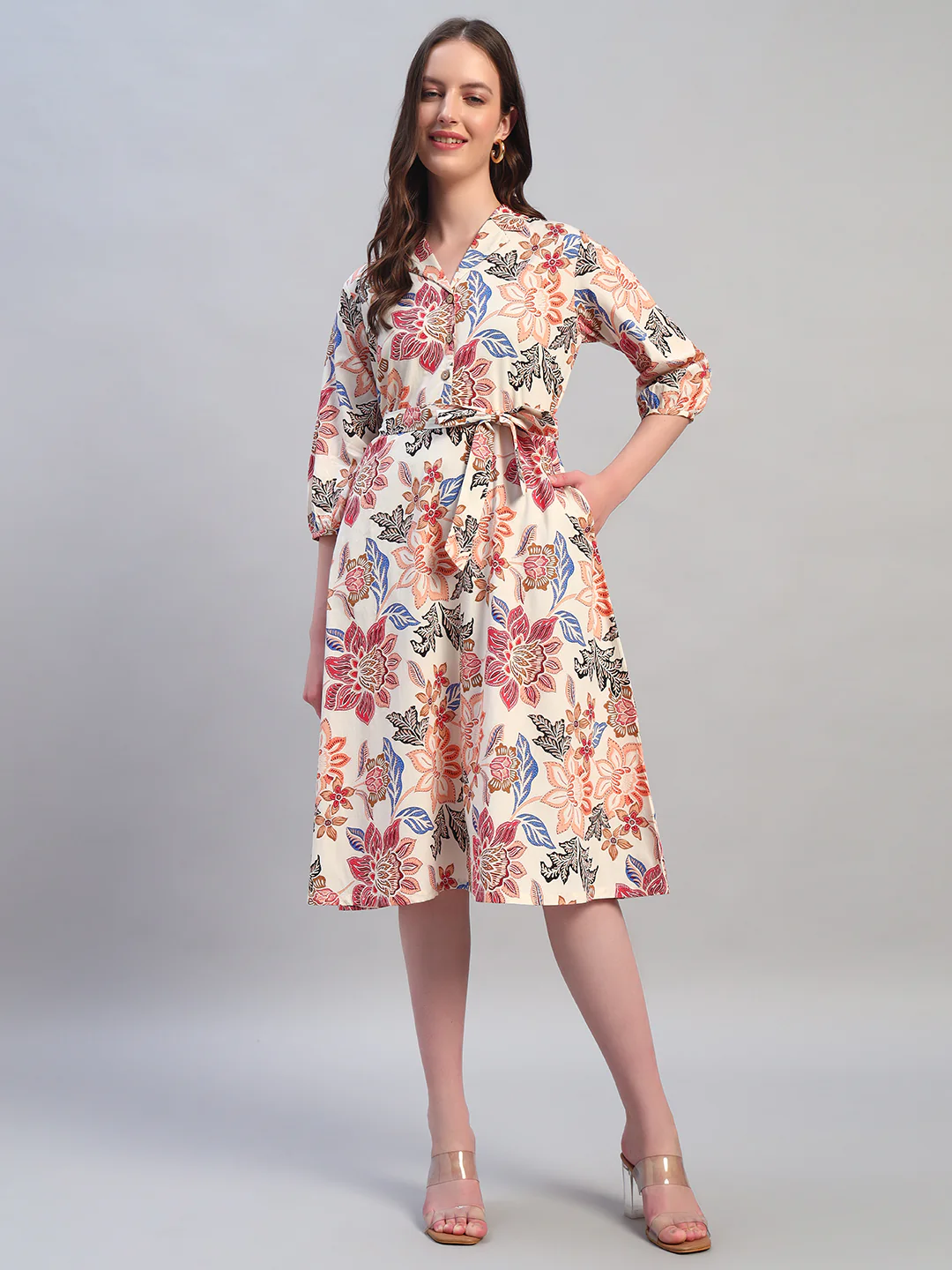 Women Printed Off-White Spread Collar 3/4th Sleeves Casual Dress - Image 3
