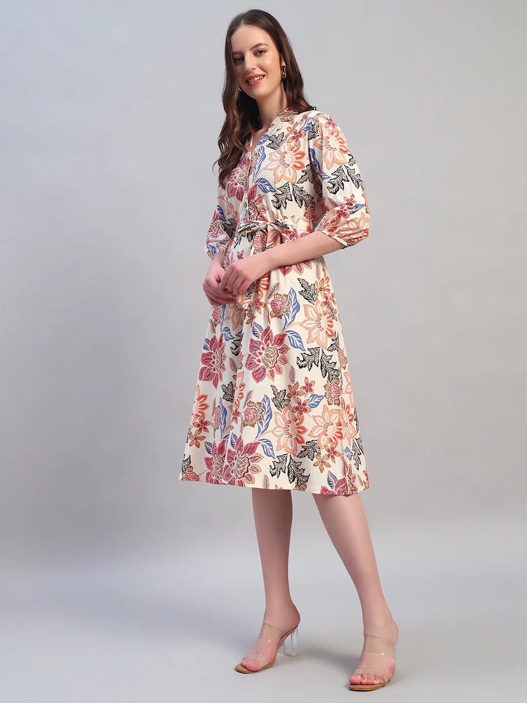 Women Printed Off-White Spread Collar 3/4th Sleeves Casual Dress - Image 4